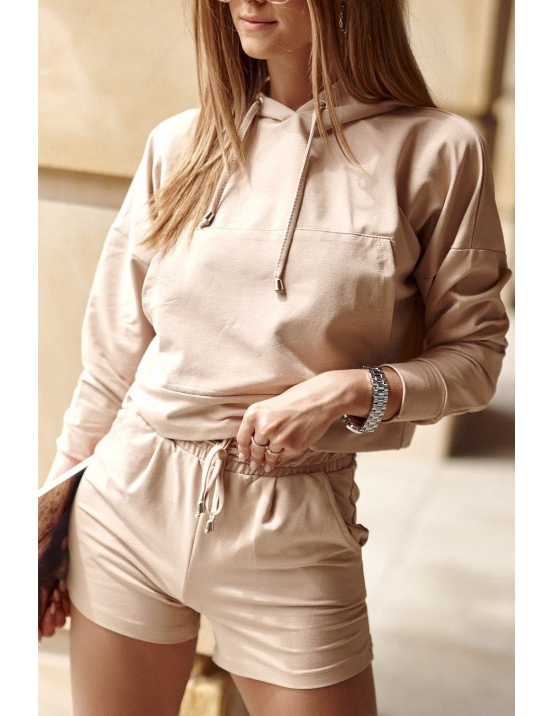 Women\'s tracksuit set with shorts, beige FI533 - Online store - Boutique